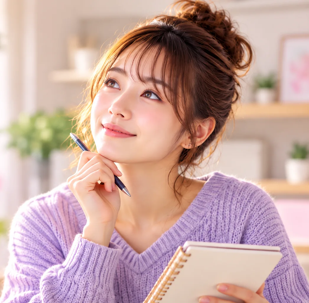ミオのビジュアル:ラベンダー色のニットを着てノートを持ち、やさしく微笑む女性